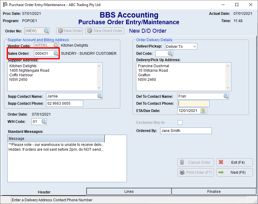 Purchase Order Entry/Maintenance - New Direct Order Screen Purchase Order Entry/Maintenance - New Direct Order Screen