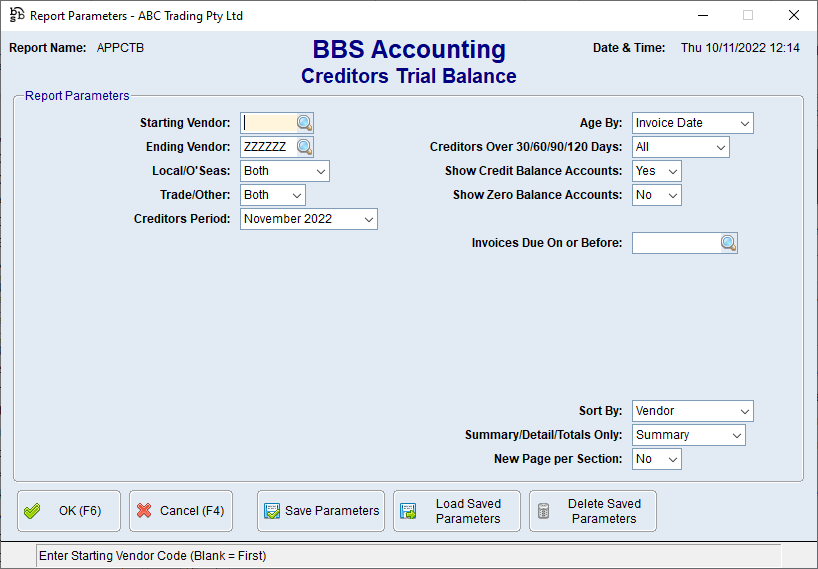 Creditors Trial Balance Screen Creditors Trial Balance Screen