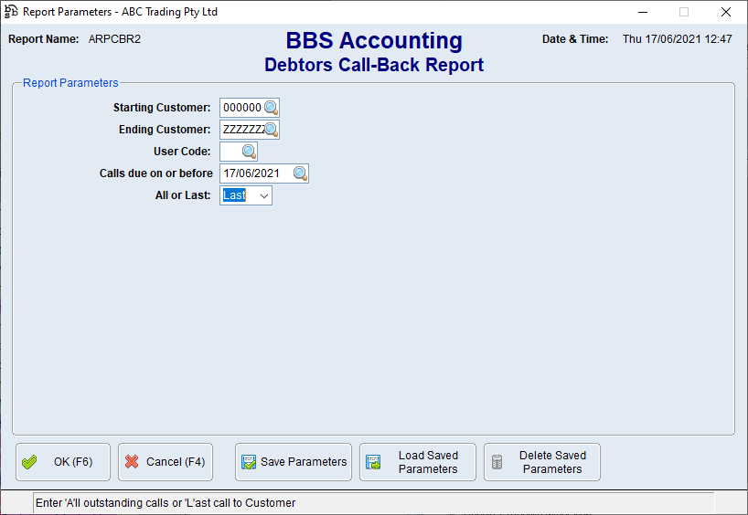 Debtors Call-Back Report Screen Debtors Call-Back Report Screen