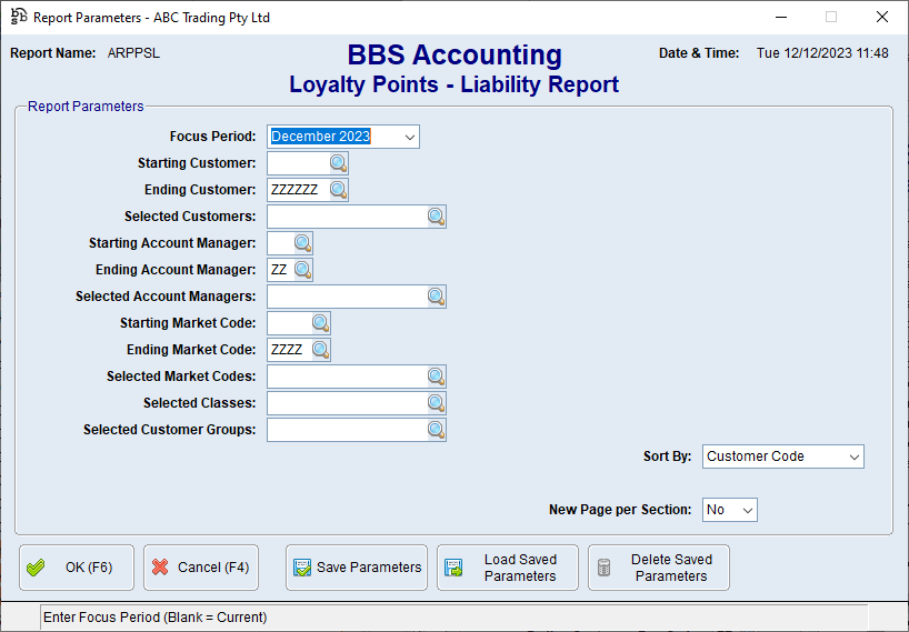 Loyalty Points - Liability Report Screen Loyalty Points - Liability Report Screen