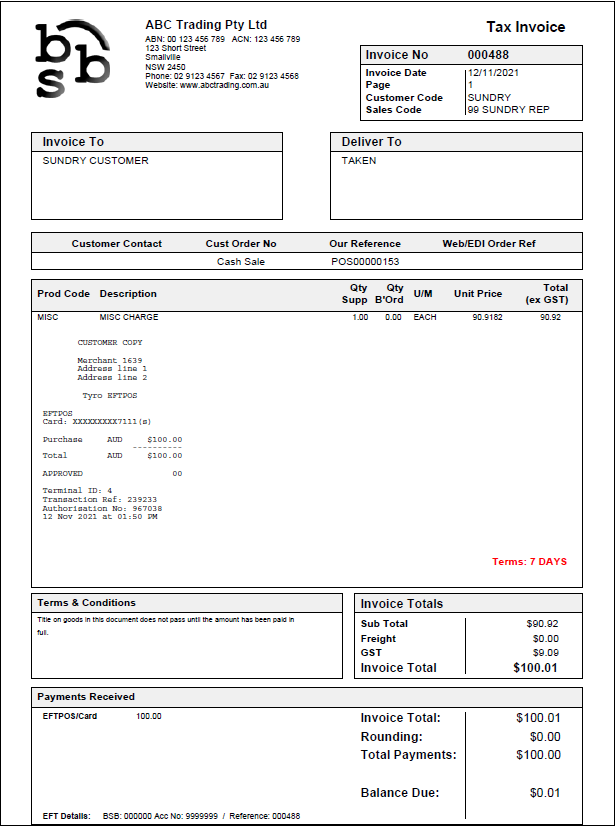 Example of Tyro Payment on a BBS invoice Example of Tyro Payment on a BBS invoice