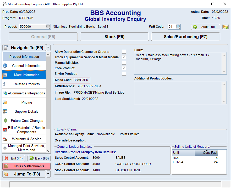 Global Inventory Enquiry - More Information Tab Screen Global Inventory Enquiry - More Information Tab Screen