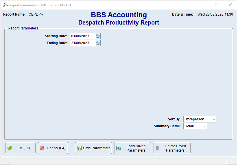 Warehouse Productivity Report Screen