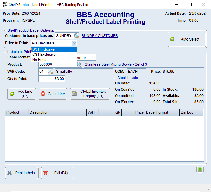 Shelf/Product Label Printing Screen