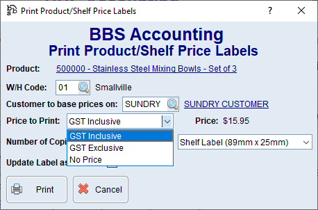 Print Product/Shelf Price Labels Screen