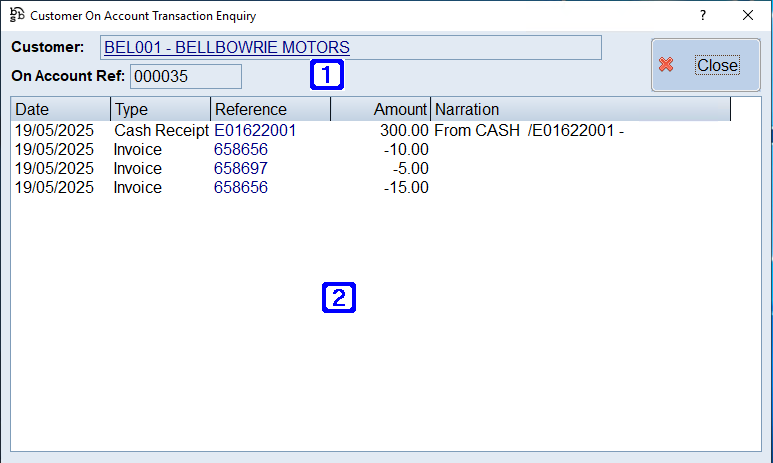 Customer On Account Transaction Enquiry Screen