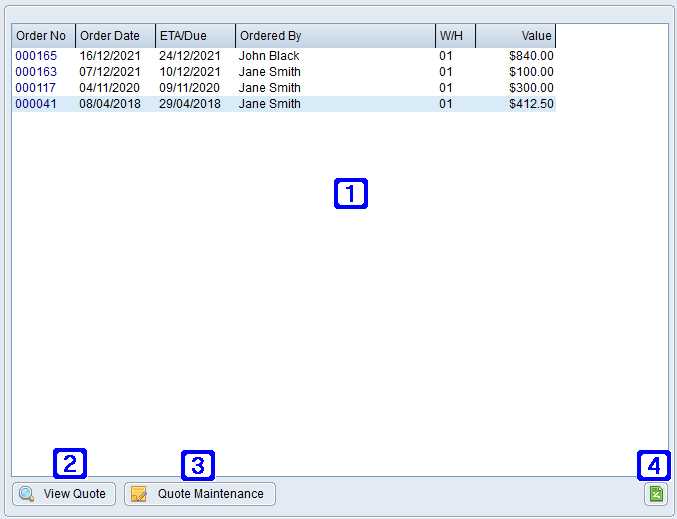 Outstanding Purchase Quotes Tab Screen